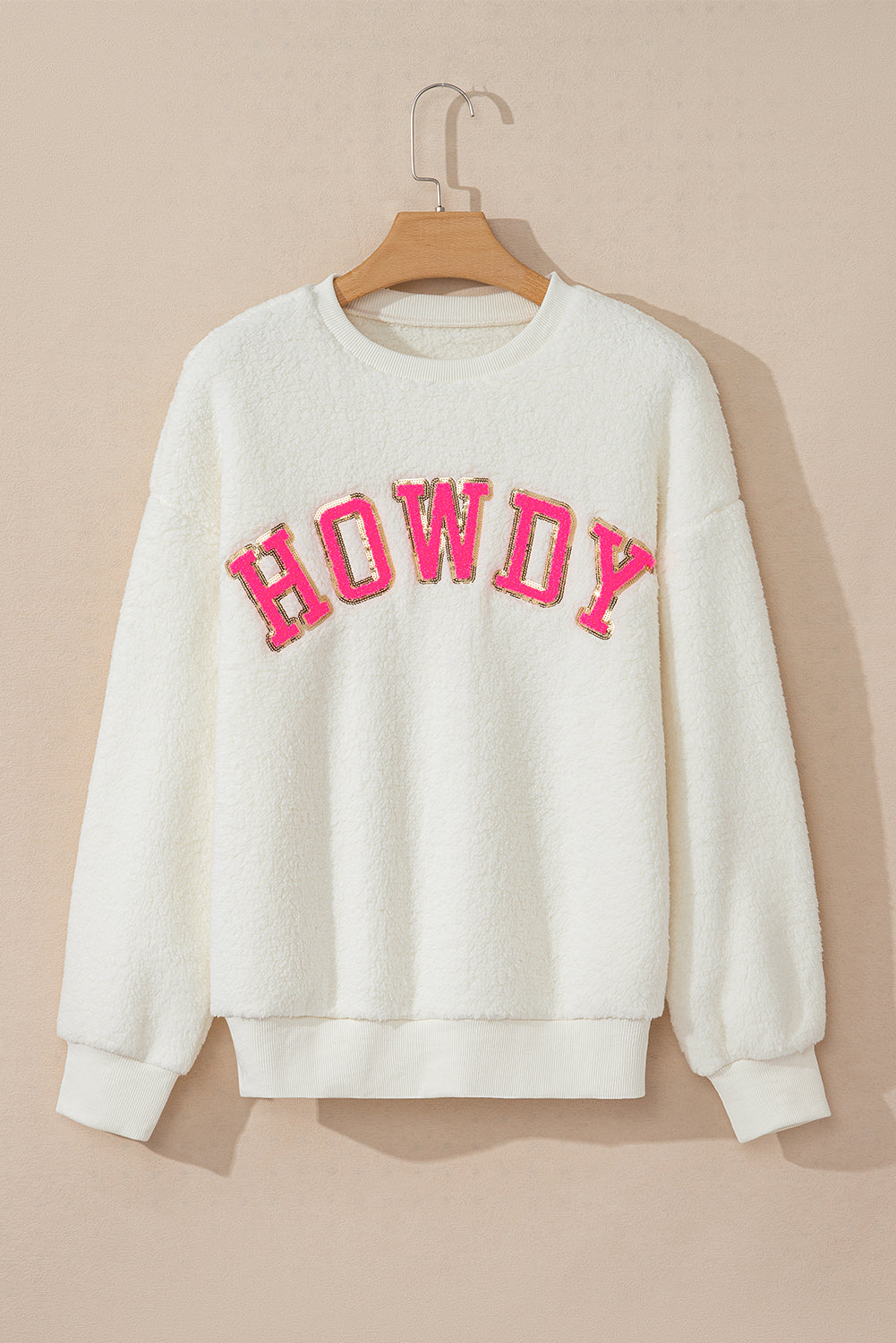 Beige Sherpa HOWDY Patched Pullover Sweatshirt