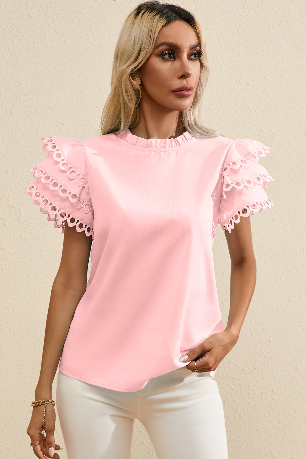 Light Pink Layered Ric Rac Cap Sleeve Frilled Neck Blouse