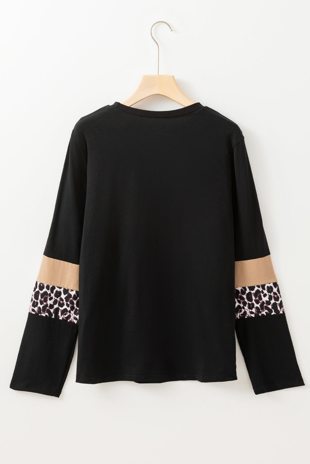 Khaki Leopard Colorblock Patchwork Crew Neck Long Sleeve Tee