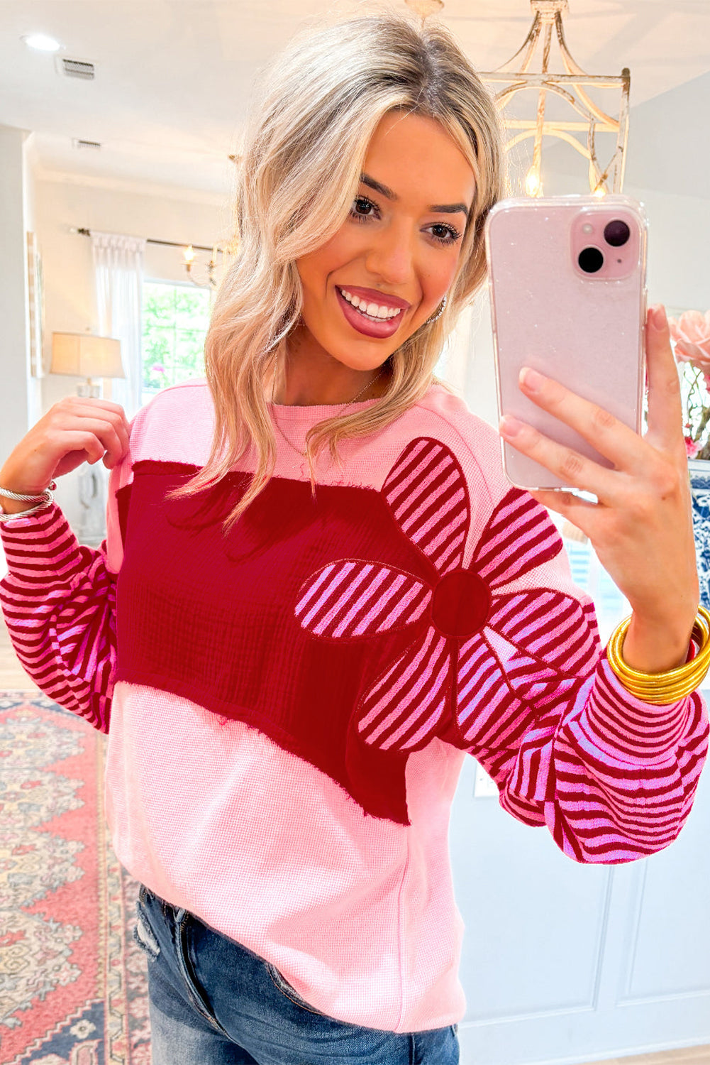 Pink Floral Patch Color Block Striped Sleeve Textured Top