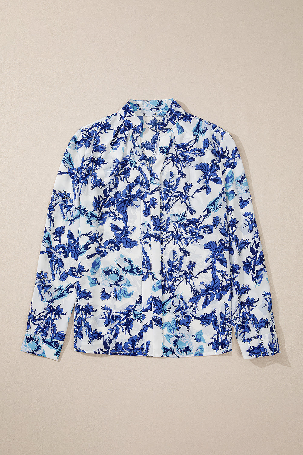 Sky Blue Floral Print Notched Neck Elegant Blouse