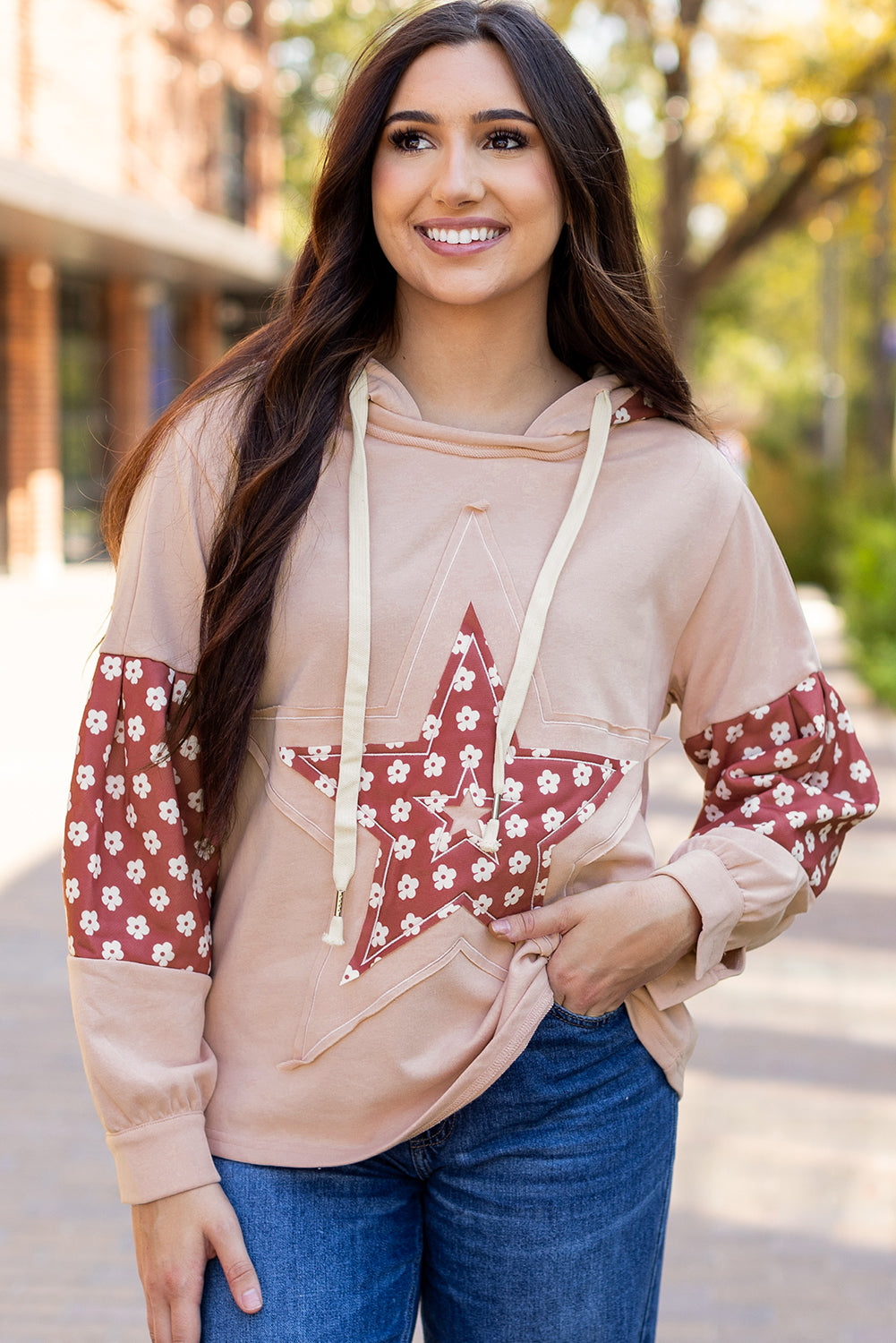 Delicacy Floral Patchwork Star Pattern Drawstring Hoodie