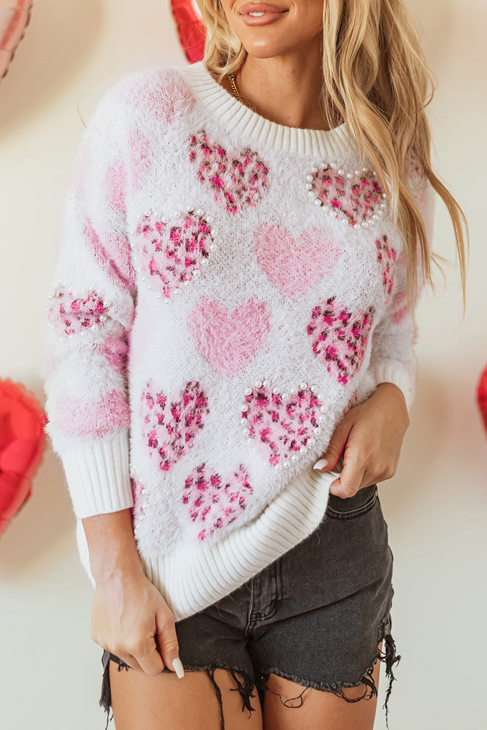 Pink Heart Leopard Print Pearled Ribbed Trim Fuzzy Sweater