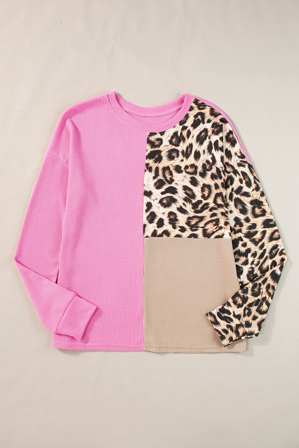 Bonbon Leopard Colorblock Waffle Knit Top