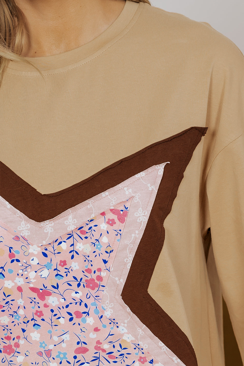 Camel Floral Star Patchwork 3/4 Long Sleeve Top